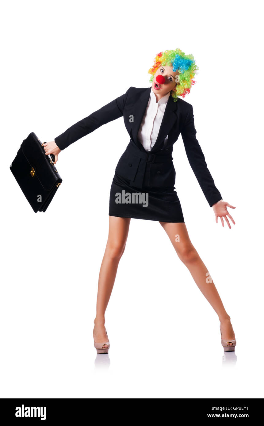 Businesswoman in clown costume on white Stock Photo - Alamy
