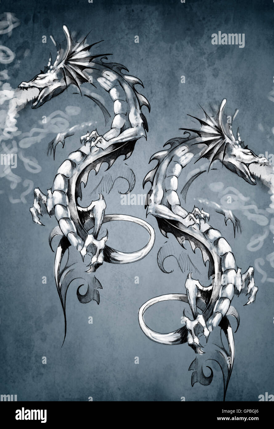 Two fantasy dragons, tattoo art Stock Photo