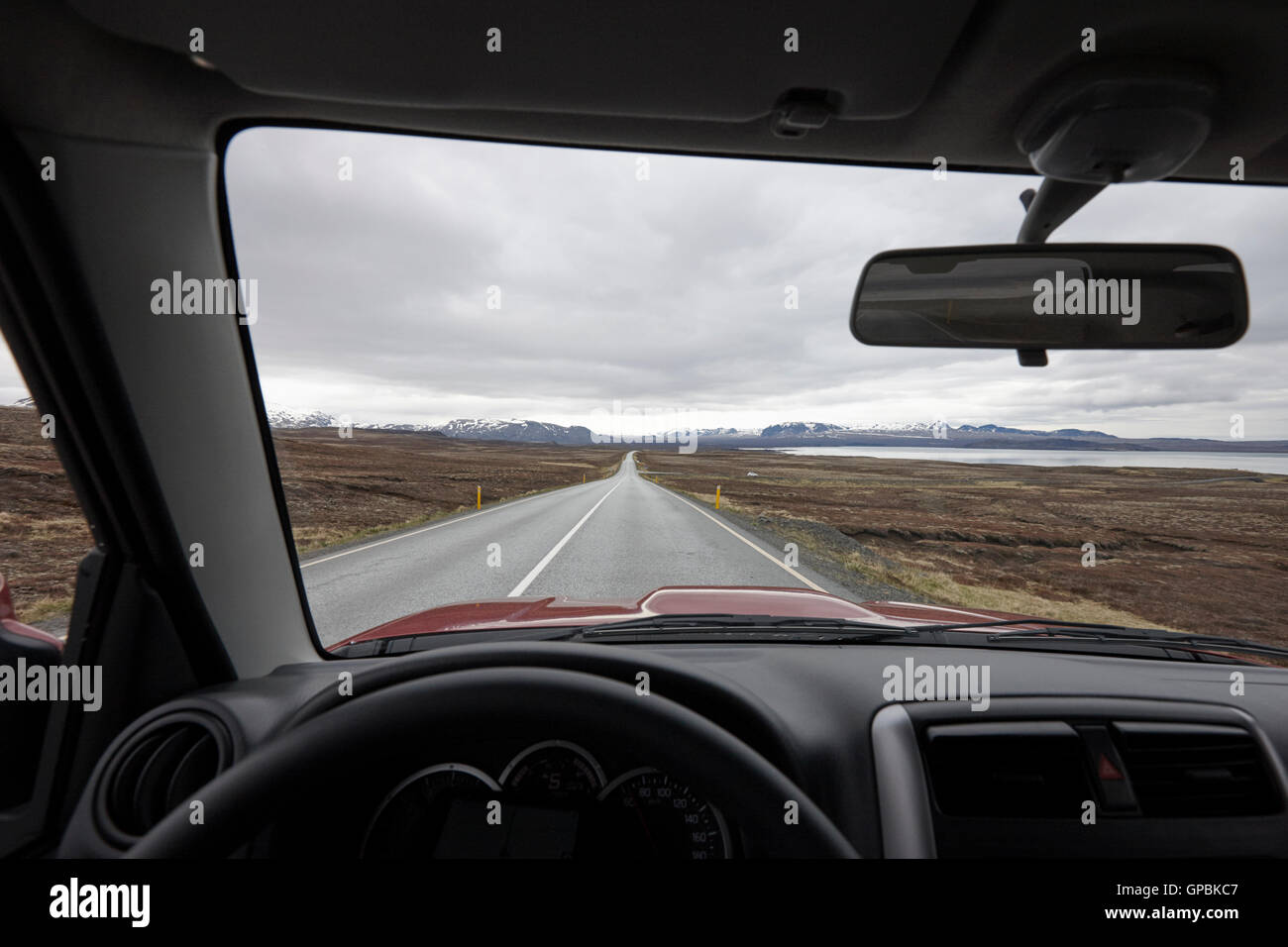 driving along route 36 thingvallavegur towards thingvellir lake on the golden circle Iceland Stock Photo