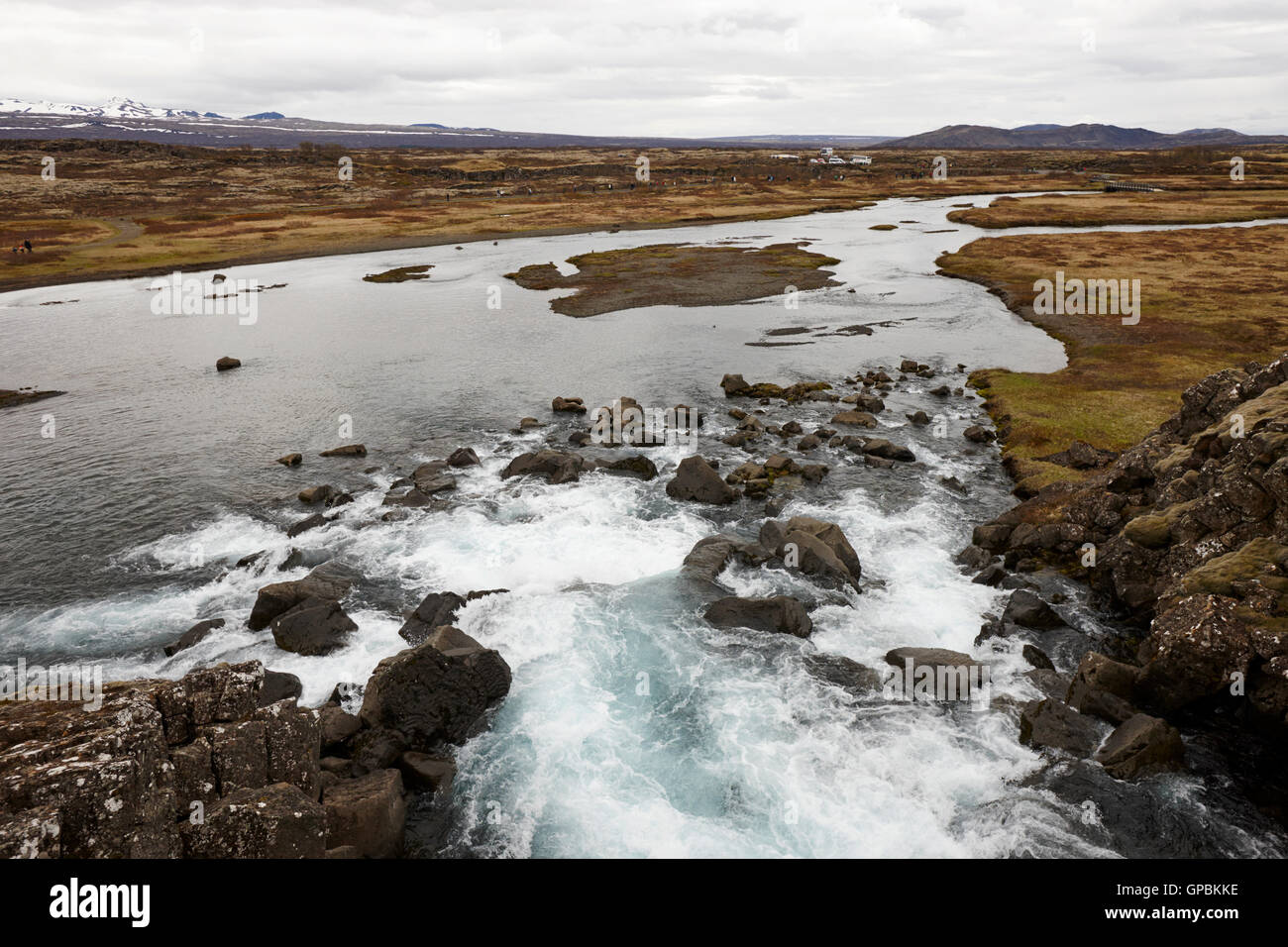 river oxara flowing into thingvellir lake in thingvellir national park Iceland Stock Photo