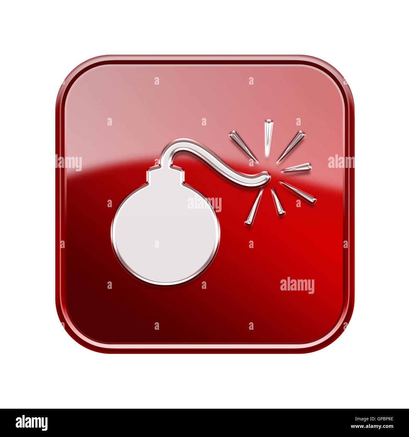 bomb icon glossy red, isolated on white background Stock Photo