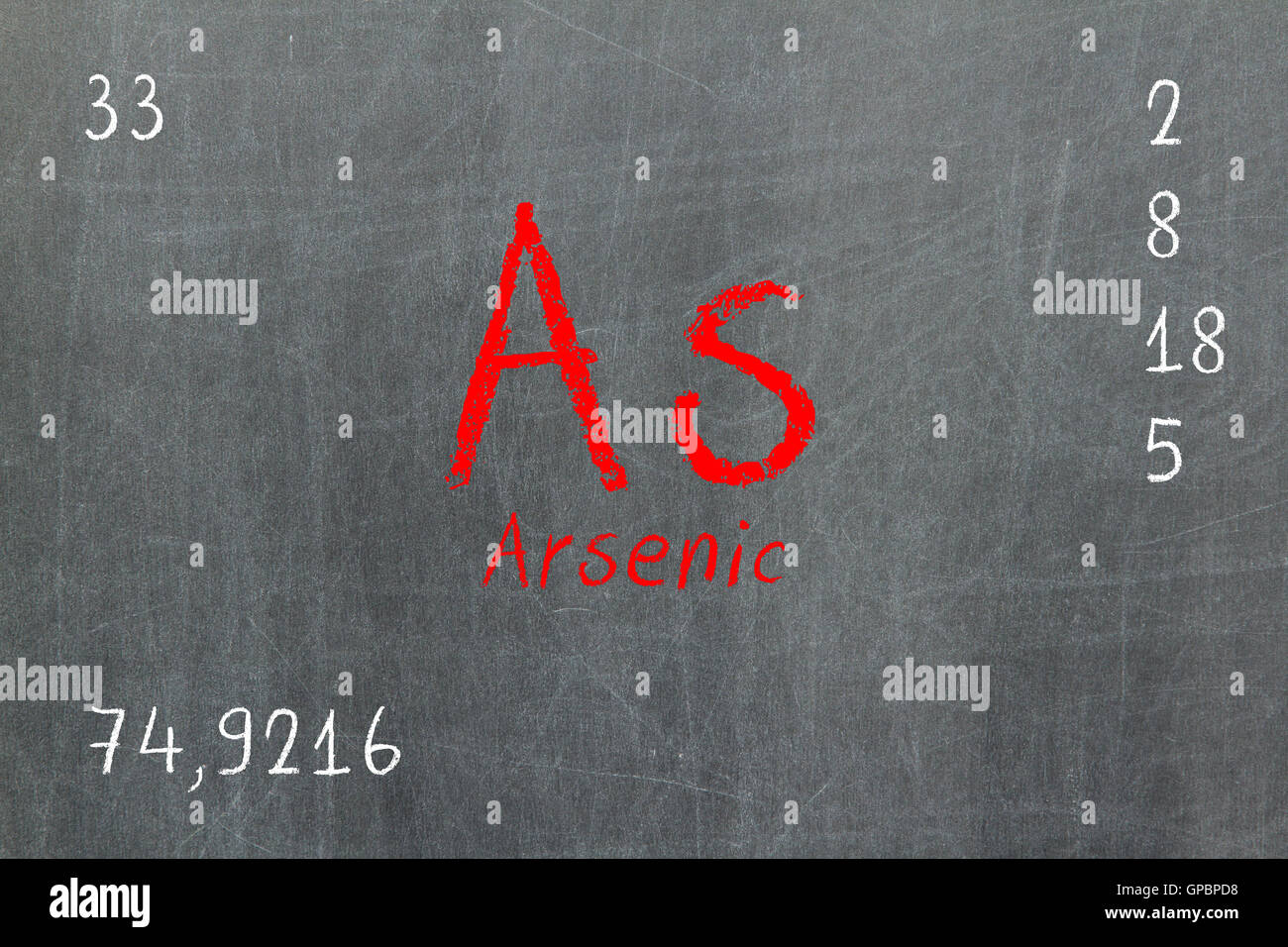 Isolated blackboard with periodic table, Arsenic Stock Photo