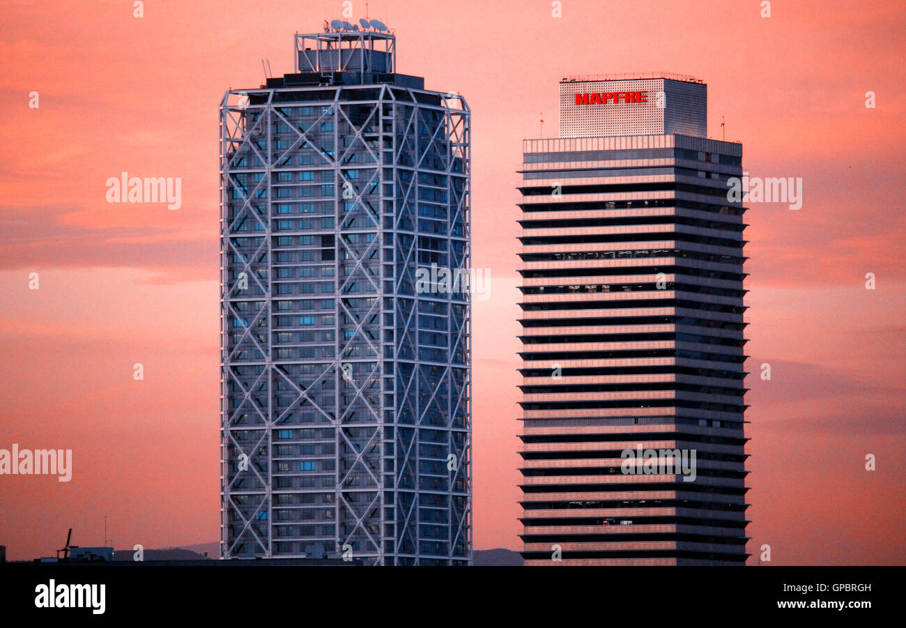 BARCELONA/SPAIN - 20 JUNE 2016: Luxury Hotel Arts skyscraper and Mapfre tower at sunset Stock Photo