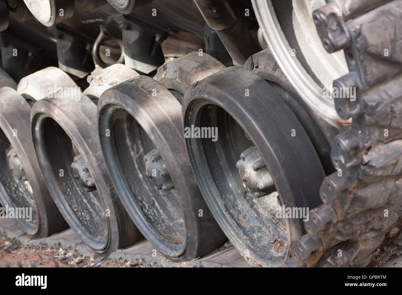 Closeup Of Army Tank Track Wheels Stock Photo Alamy
