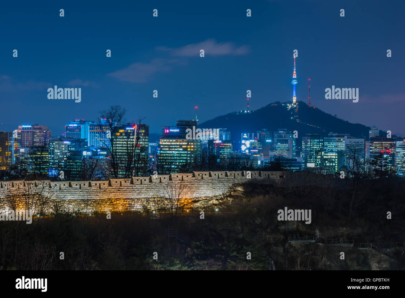 Seoul tower at night in Seoul City, korea. Stock Photo