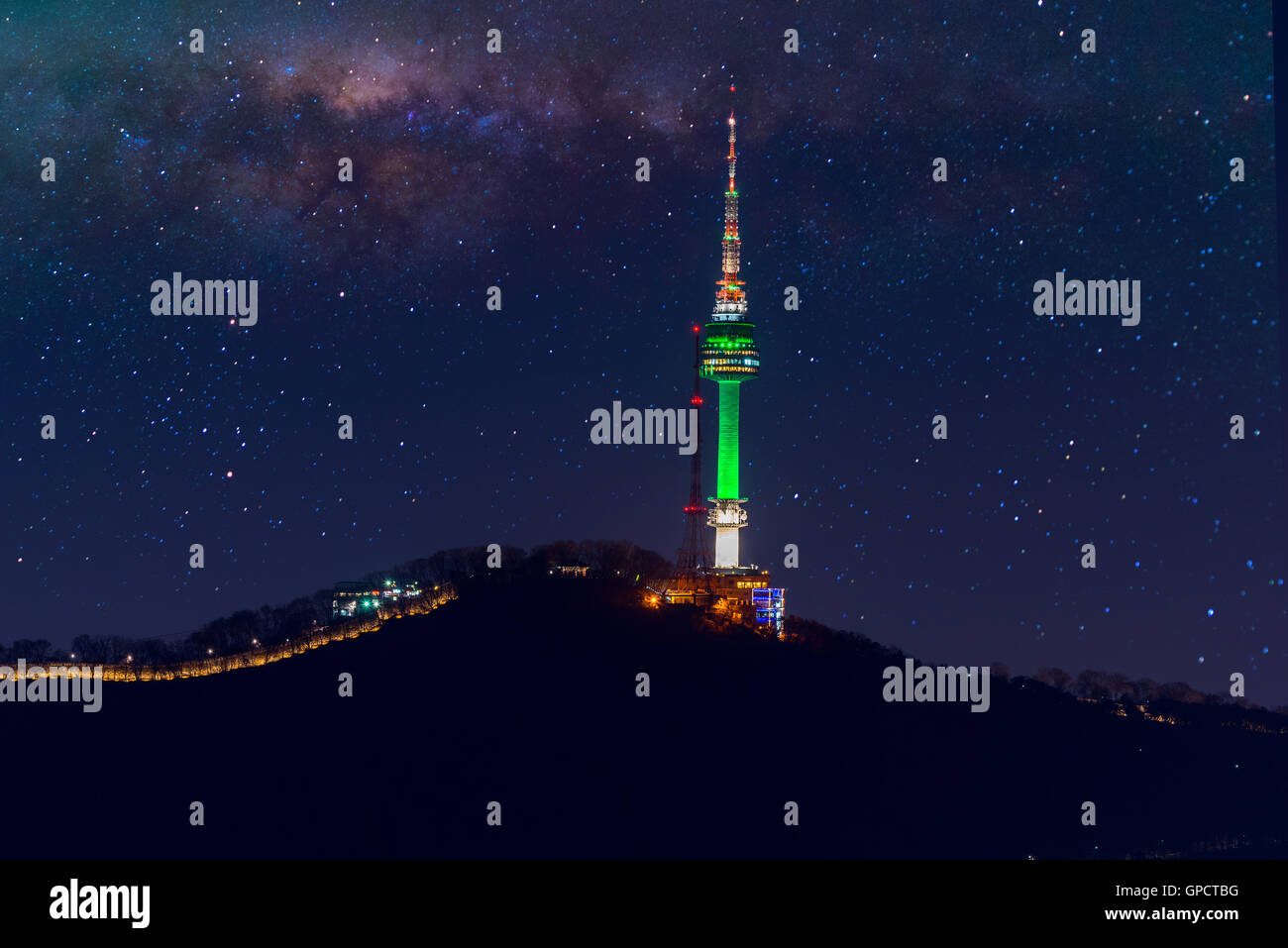 Seoul tower and Milky Way Galaxy in Seoul, South Korea. Stock Photo