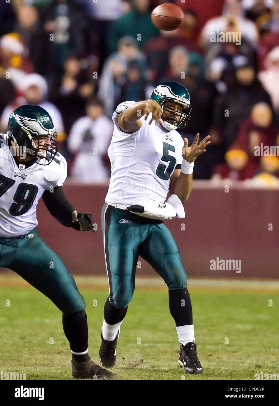 Philadelphia Eagles quarterback Donovan McNabb (5) was forced to the air in the final drive of the game -- an effort that ended the game on the 1 yard line.  The Washington Redskins defeated the Philadelphia Eagles 10-3 in an NFL football game held at Fed Stock Photo