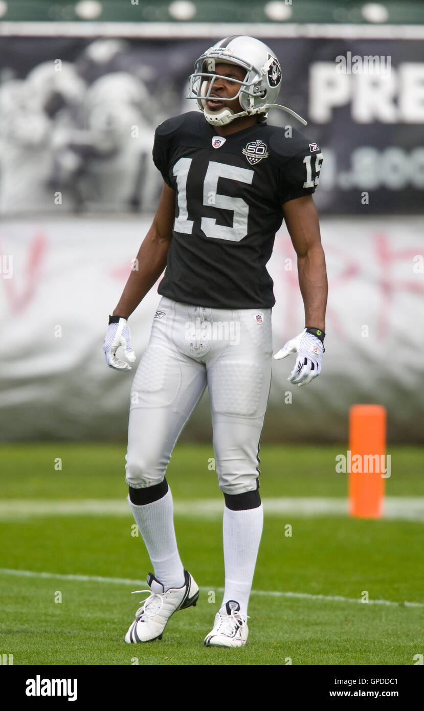 December 13, 2009; Oakland, CA, USA;  Oakland Raiders wide receiver Johnnie Lee Higgins (15) before the game against the Washington Redskins at Oakland-Alameda County Coliseum.  Washington defeated Oakland 34-13. Stock Photo