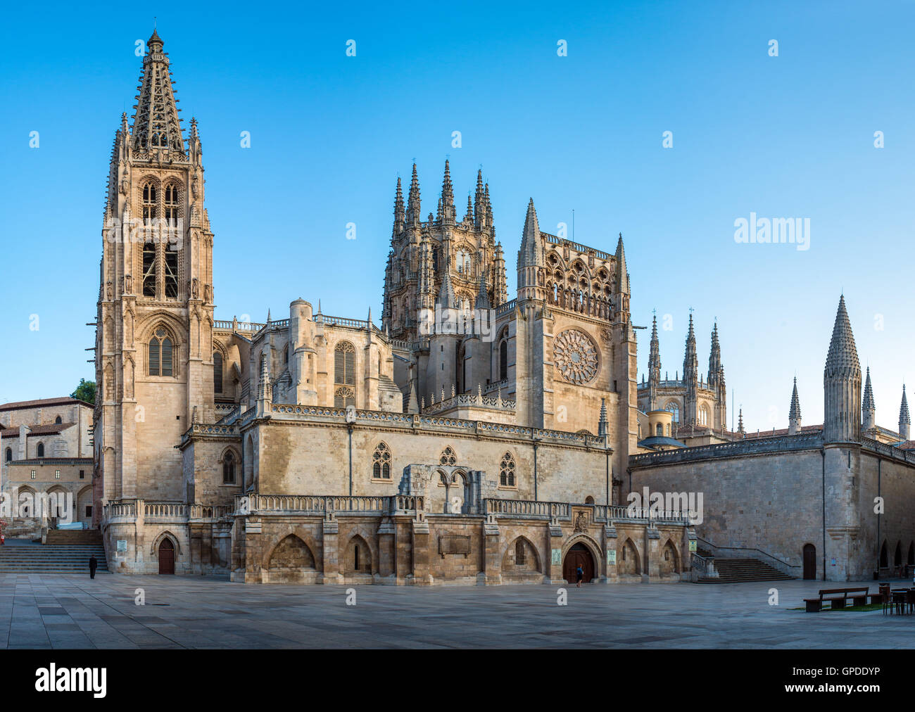 BURGOS, SPAIN - 1 SEPTEMBER, 2016: View of the Cathedral at sunrise. Construction on Burgos' Gothic Cathedral began in 1221 and Stock Photo