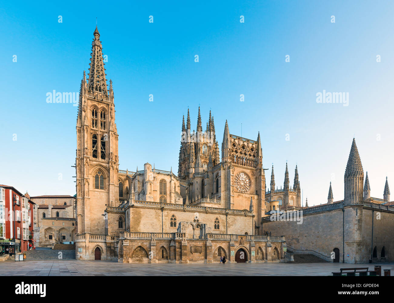 BURGOS, SPAIN - 1 SEPTEMBER, 2016: View of the Cathedral at sunrise. Construction on Burgos' Gothic Cathedral began in 1221 and Stock Photo