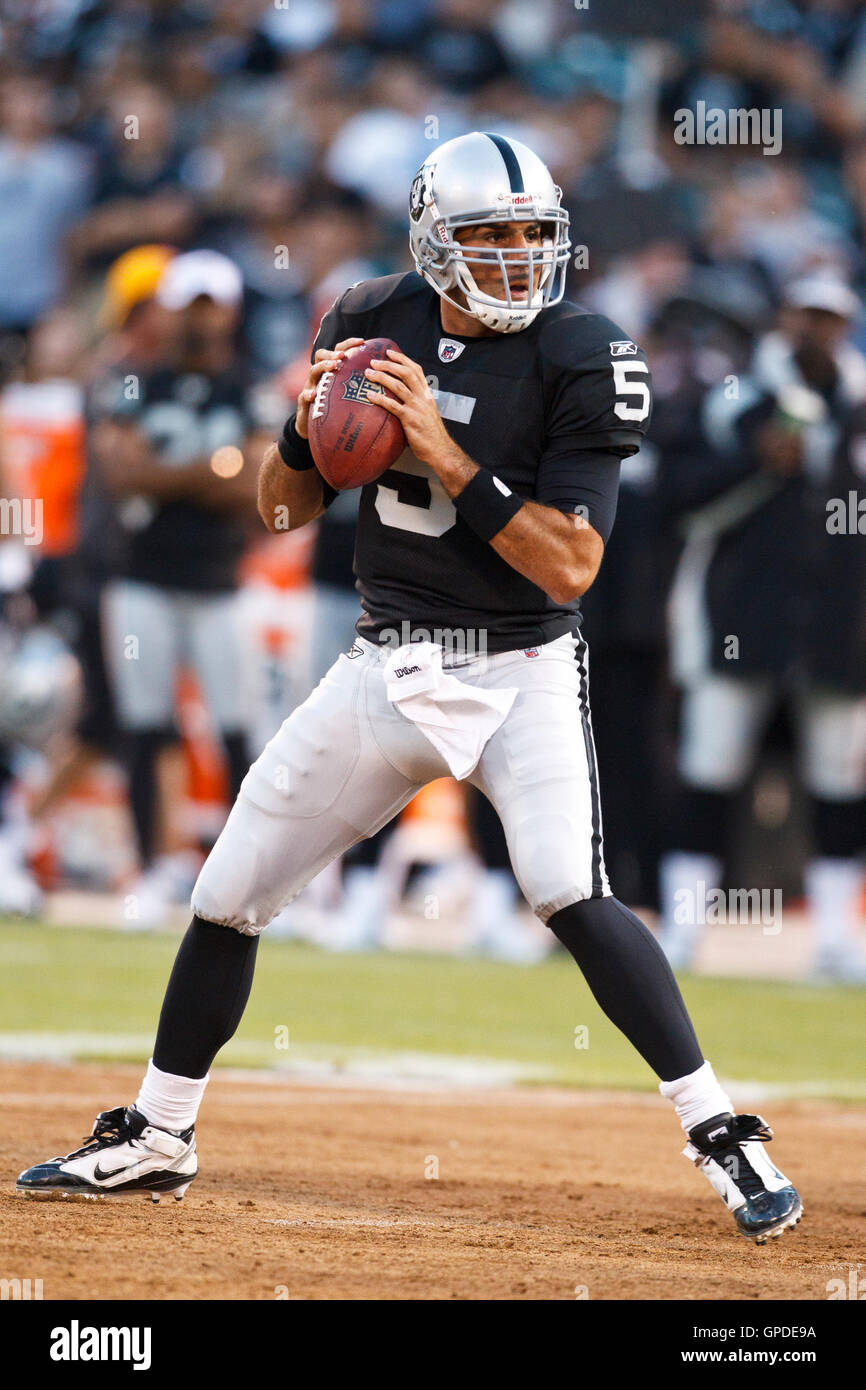 September 2, 2010; Oakland, CA, USA;  Oakland Raiders quarterback Bruce Gradkowski (5) against the Seattle Seahawks during the first quarter at Oakland-Alameda County Coliseum. Stock Photo