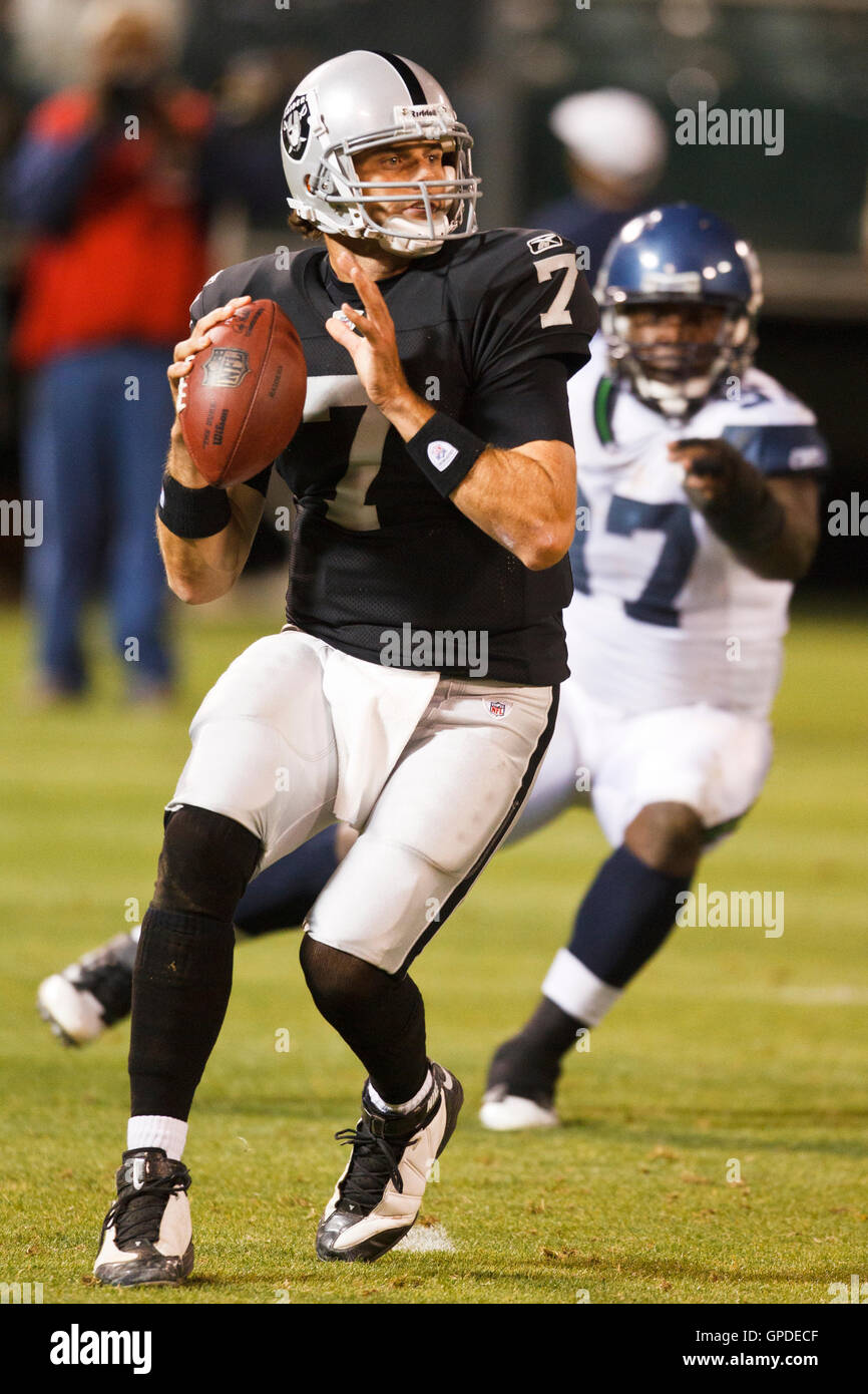 September 2, 2010; Oakland, CA, USA;  Oakland Raiders quarterback Kyle Boller (7) during the third quarter against the Seattle Seahawks at Oakland-Alameda County Coliseum. Stock Photo