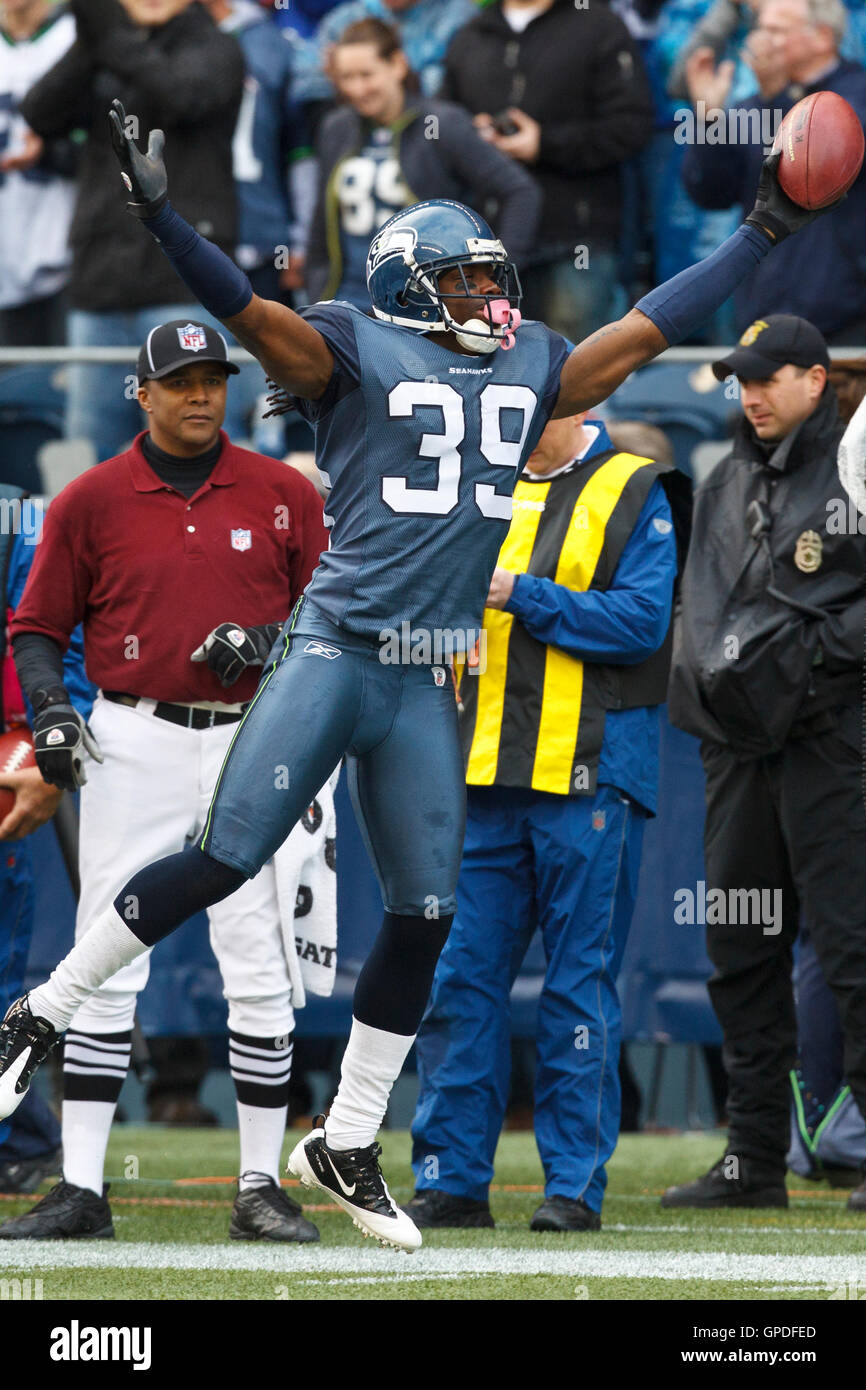 October 24, 2010; Seattle, WA, USA;  Seattle Seahawks cornerback Kennard Cox (39) celebrates after recovering a fumbled kick return against the Arizona Cardinals during the third quarter at Qwest Field. Seattle defeated Arizona 22-10. Stock Photo