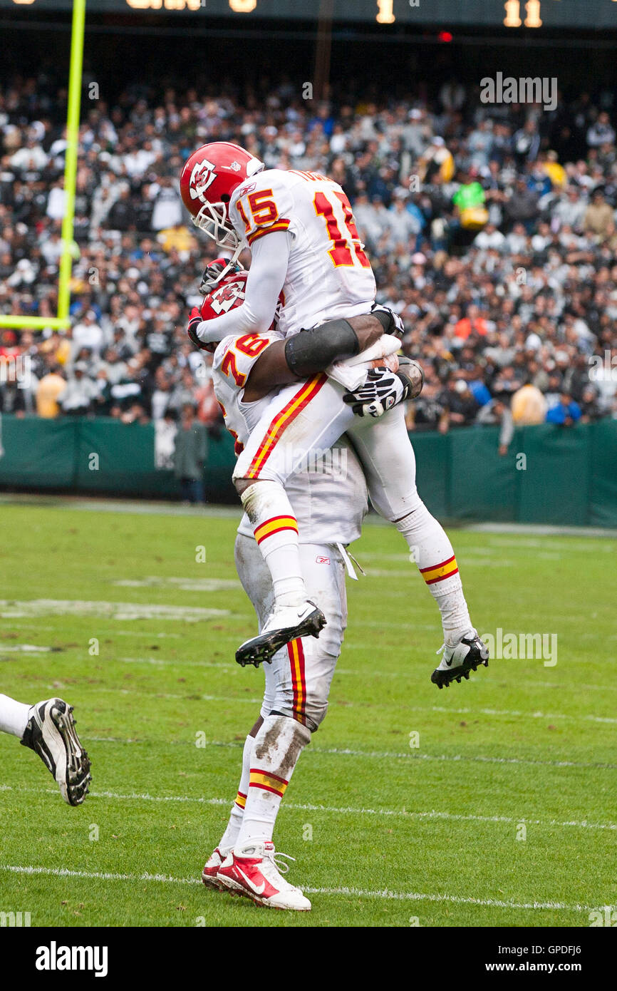 November 7, 2010; Oakland, CA, USA;  Kansas City Chiefs wide receiver Verran Tucker (15) celebrates with offensive tackle Branden Albert (76) after scoring a touchdown against the Oakland Raiders during the second quarter at Oakland-Alameda County Coliseu Stock Photo