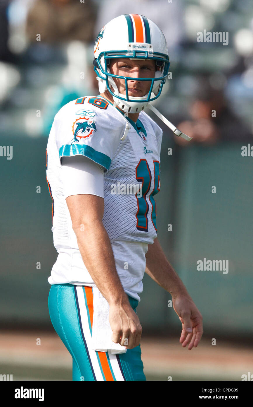 November 28, 2010; Oakland, CA, USA;  Miami Dolphins quarterback Tyler Thigpen (16) warms up before the game against the Oakland Raiders at Oakland-Alameda County Coliseum. Miami defeated Oakland 33-17. Stock Photo