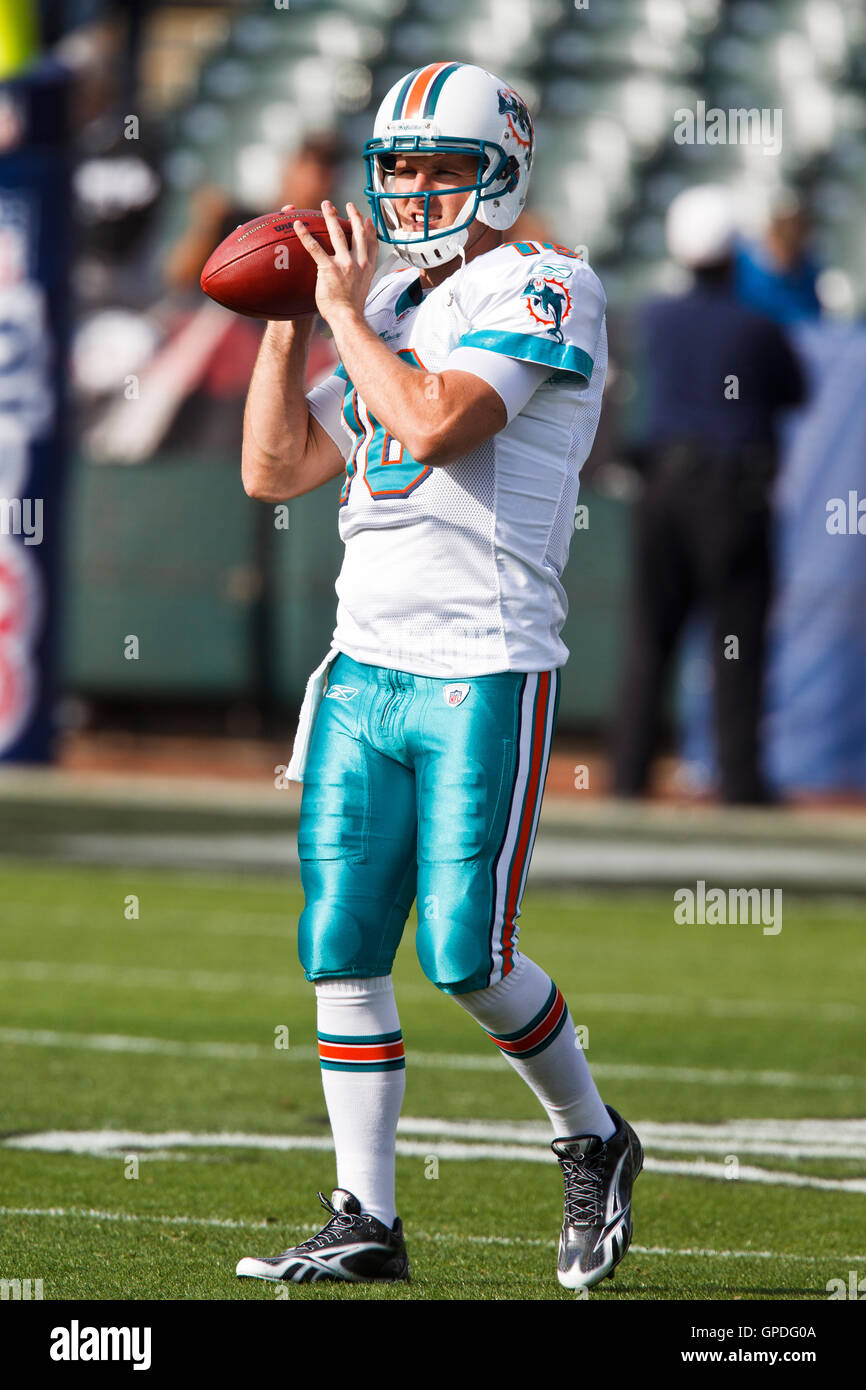 November 28, 2010; Oakland, CA, USA;  Miami Dolphins quarterback Tyler Thigpen (16) warms up before the game against the Oakland Raiders at Oakland-Alameda County Coliseum. Miami defeated Oakland 33-17. Stock Photo