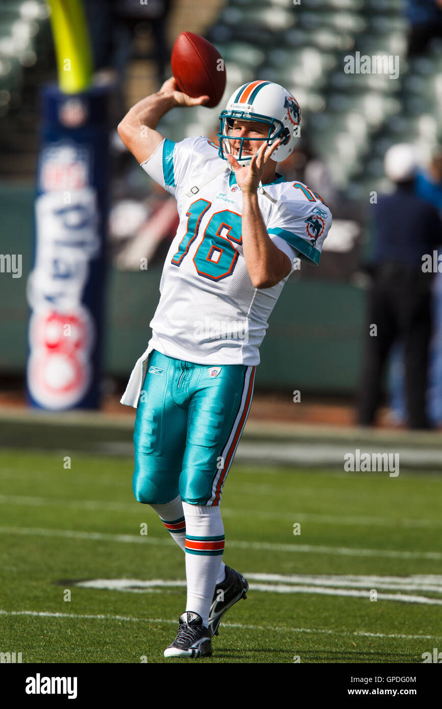 November 28, 2010; Oakland, CA, USA;  Miami Dolphins quarterback Tyler Thigpen (16) warms up before the game against the Oakland Raiders at Oakland-Alameda County Coliseum. Stock Photo