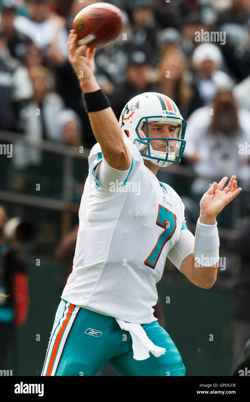 November 28, 2010; Oakland, CA, USA;  Miami Dolphins quarterback Chad Henne (7) throws a pass against the Oakland Raiders during the first quarter at Oakland-Alameda County Coliseum. Stock Photo