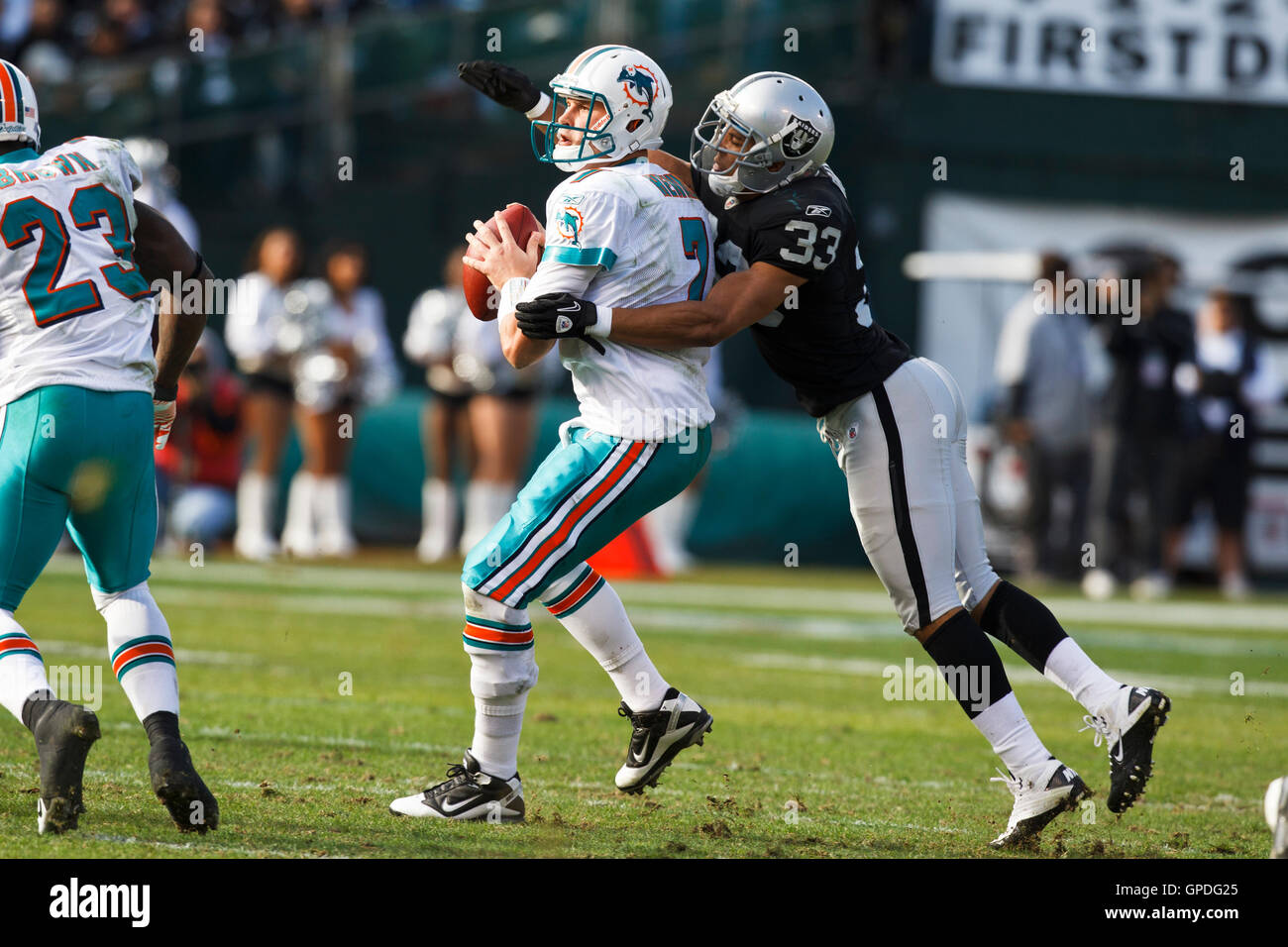 November 28, 2010; Oakland, CA, USA;  Miami Dolphins quarterback Chad Henne (7) is sacked by Oakland Raiders safety Tyvon Branch (33) during the second quarter at Oakland-Alameda County Coliseum. Stock Photo