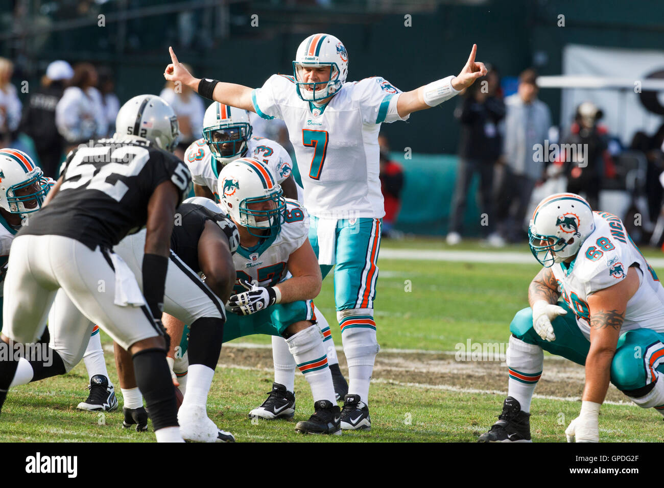 November 28, 2010; Oakland, CA, USA;  Miami Dolphins quarterback Chad Henne (7) calls a play against the Oakland Raiders during the second quarter at Oakland-Alameda County Coliseum. Miami defeated Oakland 33-17. Stock Photo