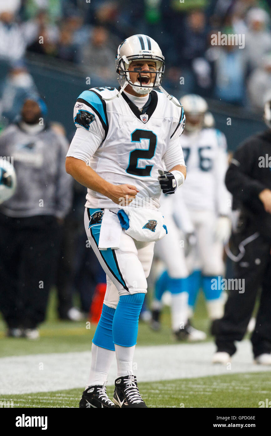 December 5, 2010; Seattle, WA, USA;  Carolina Panthers quarterback Jimmy Clausen (2) celebrates after his team made an extra point S Stock Photo