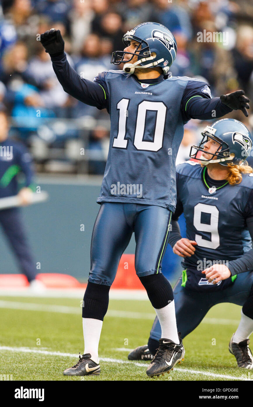December 5, 2010; Seattle, WA, USA; Seattle Seahawks place kicker Olindo  Mare (10) kicks an extra point against the Carolina Panthers during the  third quarter at Qwest Field. Seattle defeated Carolina 31-14 Stock Photo -  Alamy