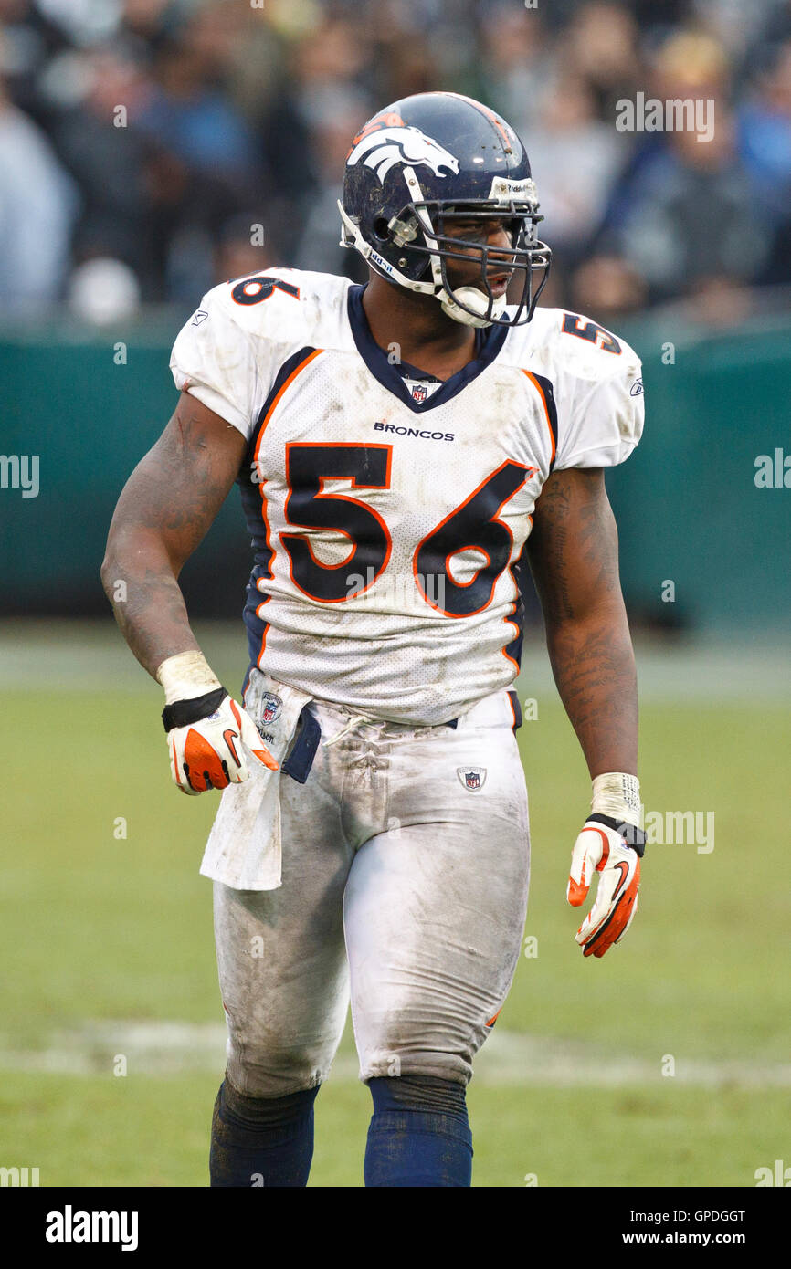 December 19, 2010; Oakland, CA, USA;  Denver Broncos linebacker Robert Ayers (56) in between plays against the Oakland Raiders during the third quarter at Oakland-Alameda County Coliseum. Oakland defeated Denver 39-23. Stock Photo