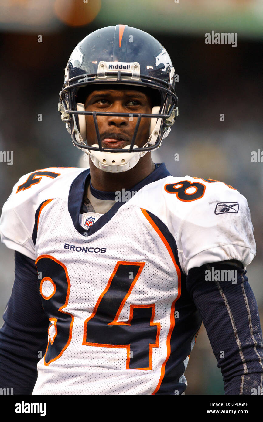 Denver Broncos Wide receiver Brandon Lloyd runs with the football during  their match with the San Francisco 49ers in the International NFL series  match at Wembley Stadium in London on October 31