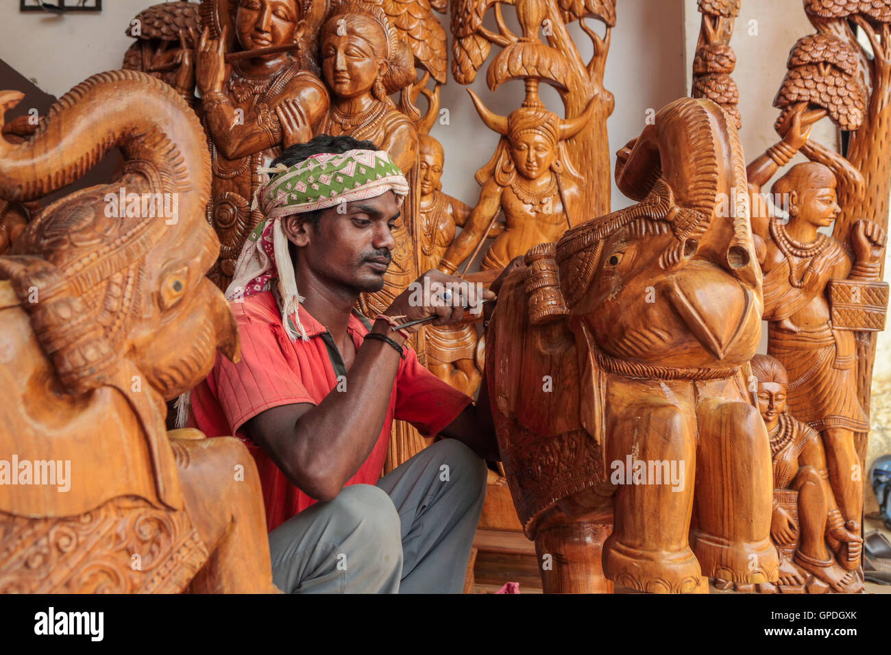 Man wood carving, wood carver, wood worker, woodcarver, woodworker, bastar, chhattisgarh, india, asia Stock Photo