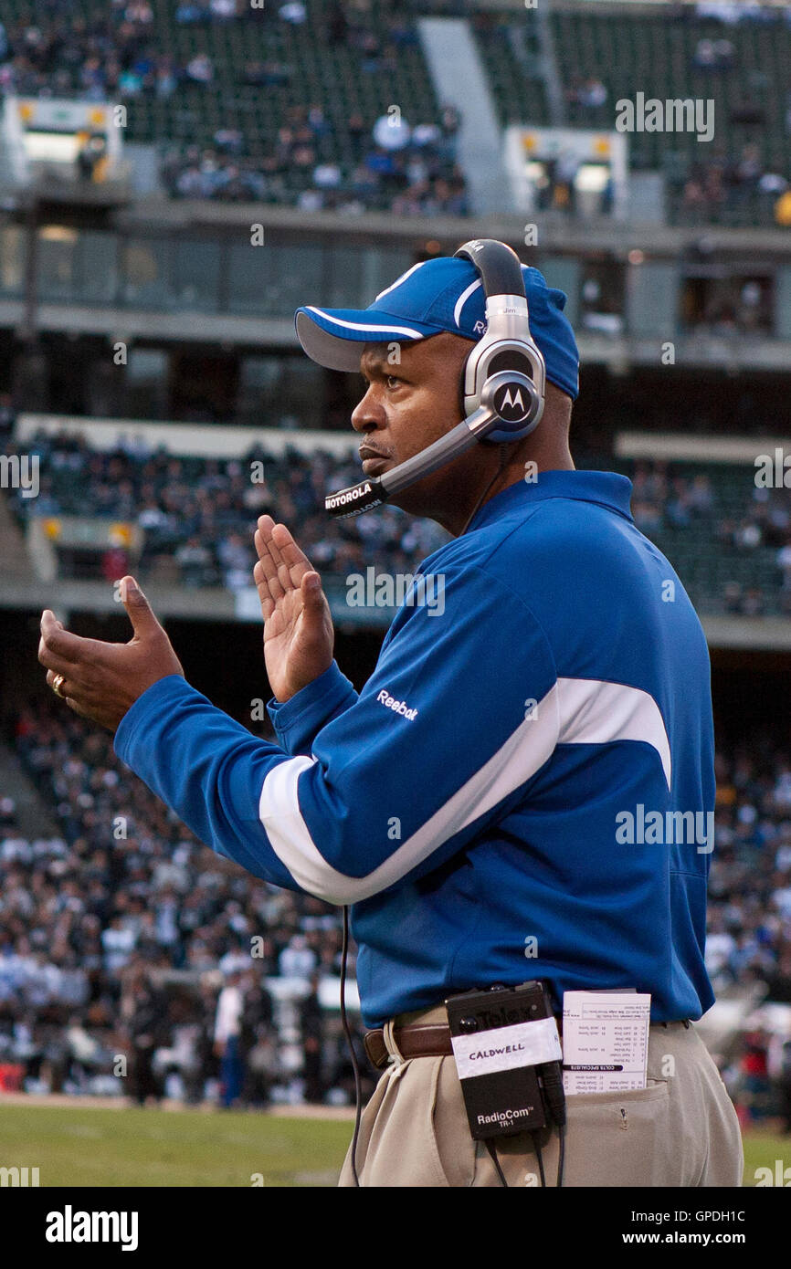 Indianapolis Colts head coach Jim Caldwell and his team watch the game on  Sunday, December 18, 2011, in Indianapolis, Indiana. The Indianapolis Colts  won their first game of the season 27-13. (Photo