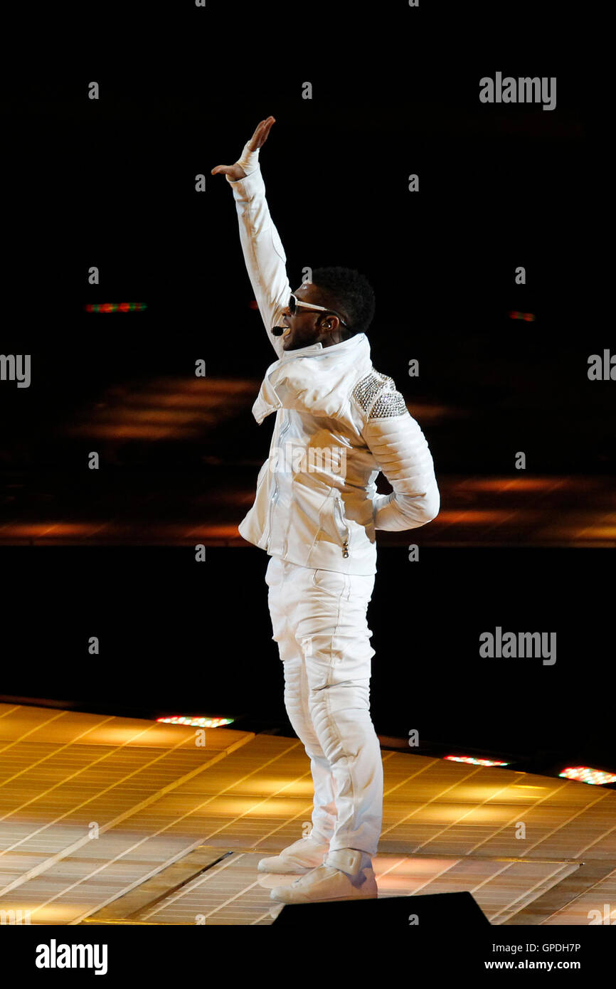 Feb 6, 2011; Arlington, TX, USA; Recording artist Usher performs during halftime of Super Bowl XLV between the Green Bay Packers and Pittsburgh Steelers at Cowboys Stadium. Stock Photo