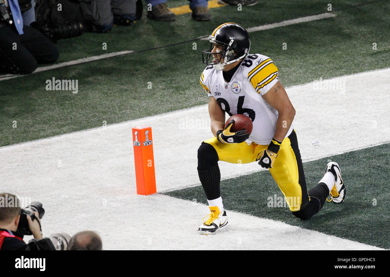 Feb 6, 2011; Arlington, TX, USA; Pittsburgh Steelers wide receiver Hines Ward (86) celebrates after scoring a touchdown during the first half of Super Bowl XLV against the Green Bay Packers at Cowboys Stadium.  Green Bay defeated Pittsburgh 31-25. Stock Photo