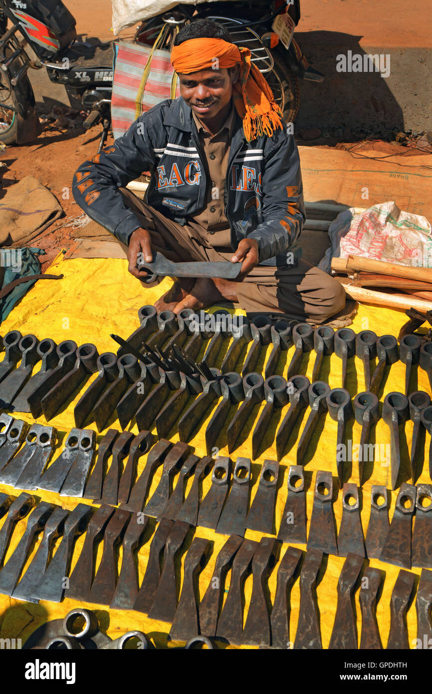 wrought iron agriculture tool vendor, Jagdalpur, Bastar, Chhattisgarh