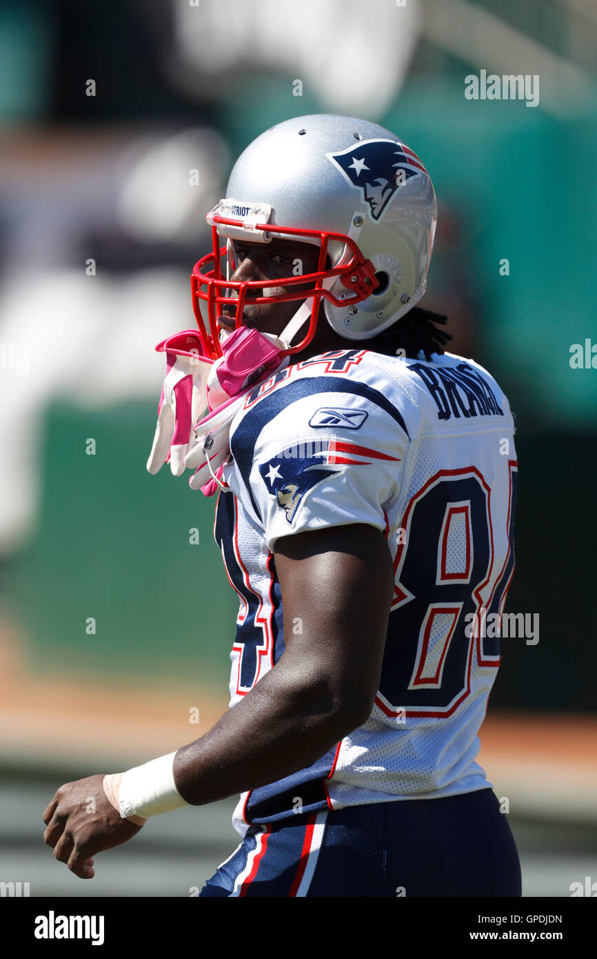 Oct 2, 2011; Oakland, CA, USA; New England Patriots wide receiver Deion  Branch (84) warms up before the game against the Oakland Raiders at O.co  Coliseum. New England defeated Oakland 31-19 Stock Photo - Alamy