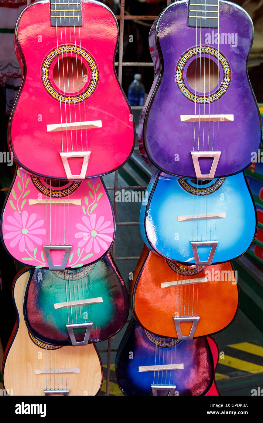 Souvenirs colorful guitars for sale in the market on Olivera Street, Los Angeles, California, United States of America Stock Photo