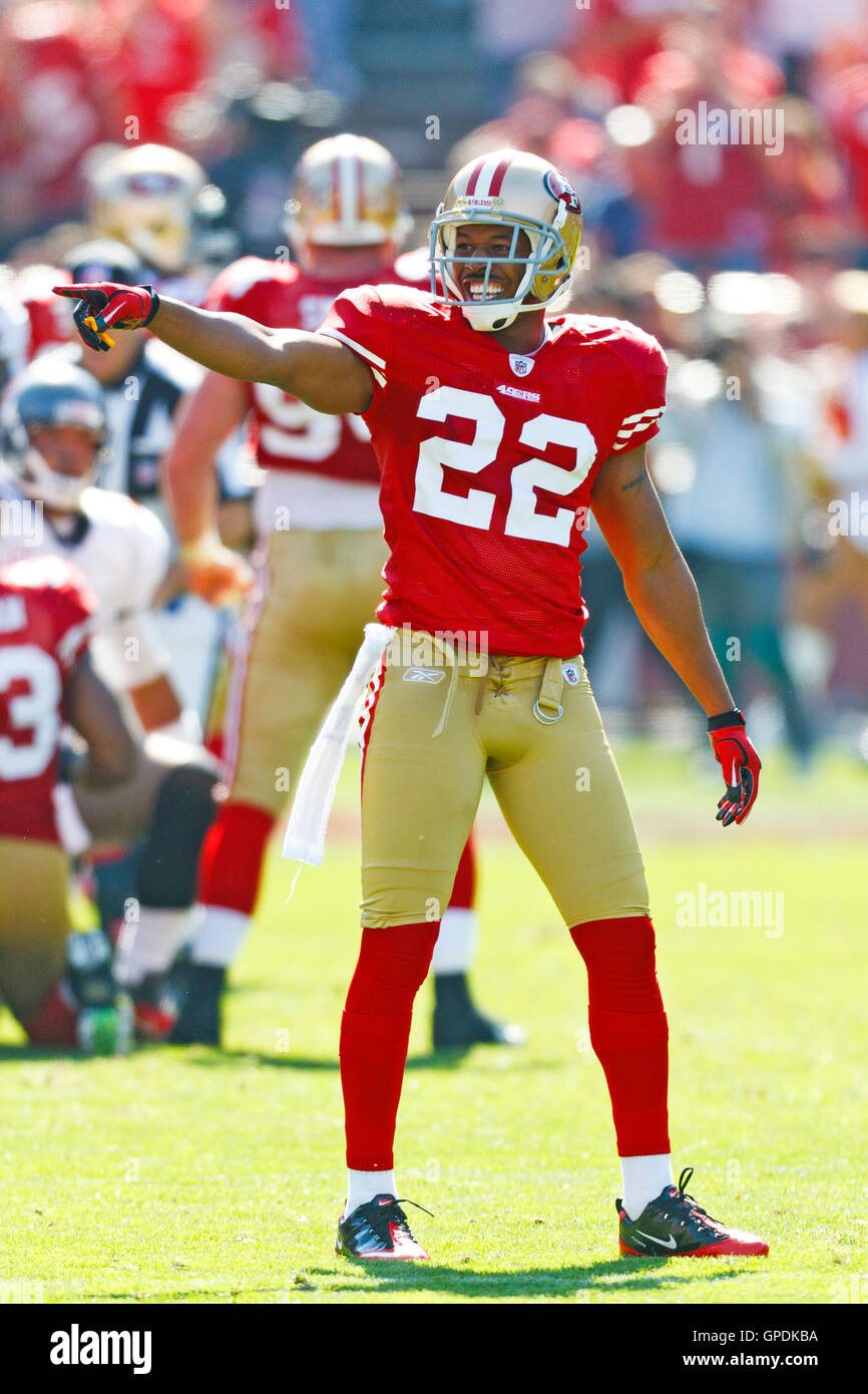 Oct 9, 2011; San Francisco, CA, USA; San Francisco 49ers cornerback Carlos Rogers (22) reacts after a play against the Tampa Bay Buccaneers during the second quarter at Candlestick Park. San Francisco defeated Tampa Bay 48-3. Stock Photo