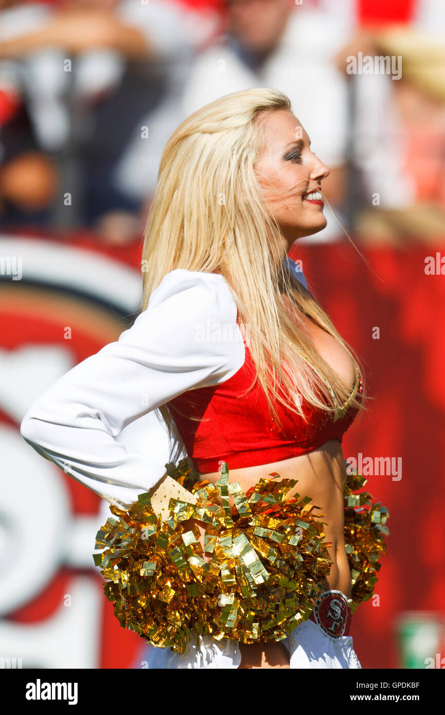 Oct 9, 2011; San Francisco, CA, USA; A San Francisco 49ers cheerleader performs during the third quarter against the Tampa Bay Buccaneers at Candlestick Park. San Francisco defeated Tampa Bay 48-3. Stock Photo