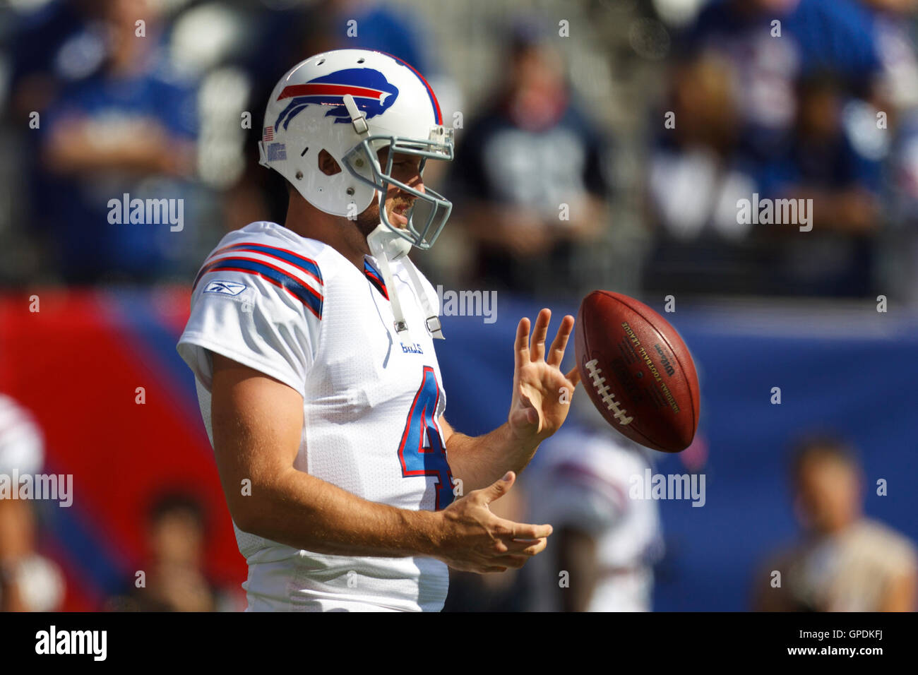 Oct 16, 2011; East Rutherford, NJ, USA;  Buffalo Bills quarterback Tyler Thigpen (4) warms up before the game against the New York Giantsat MetLife Stadium. New York defeated Buffalo 27-24. Stock Photo