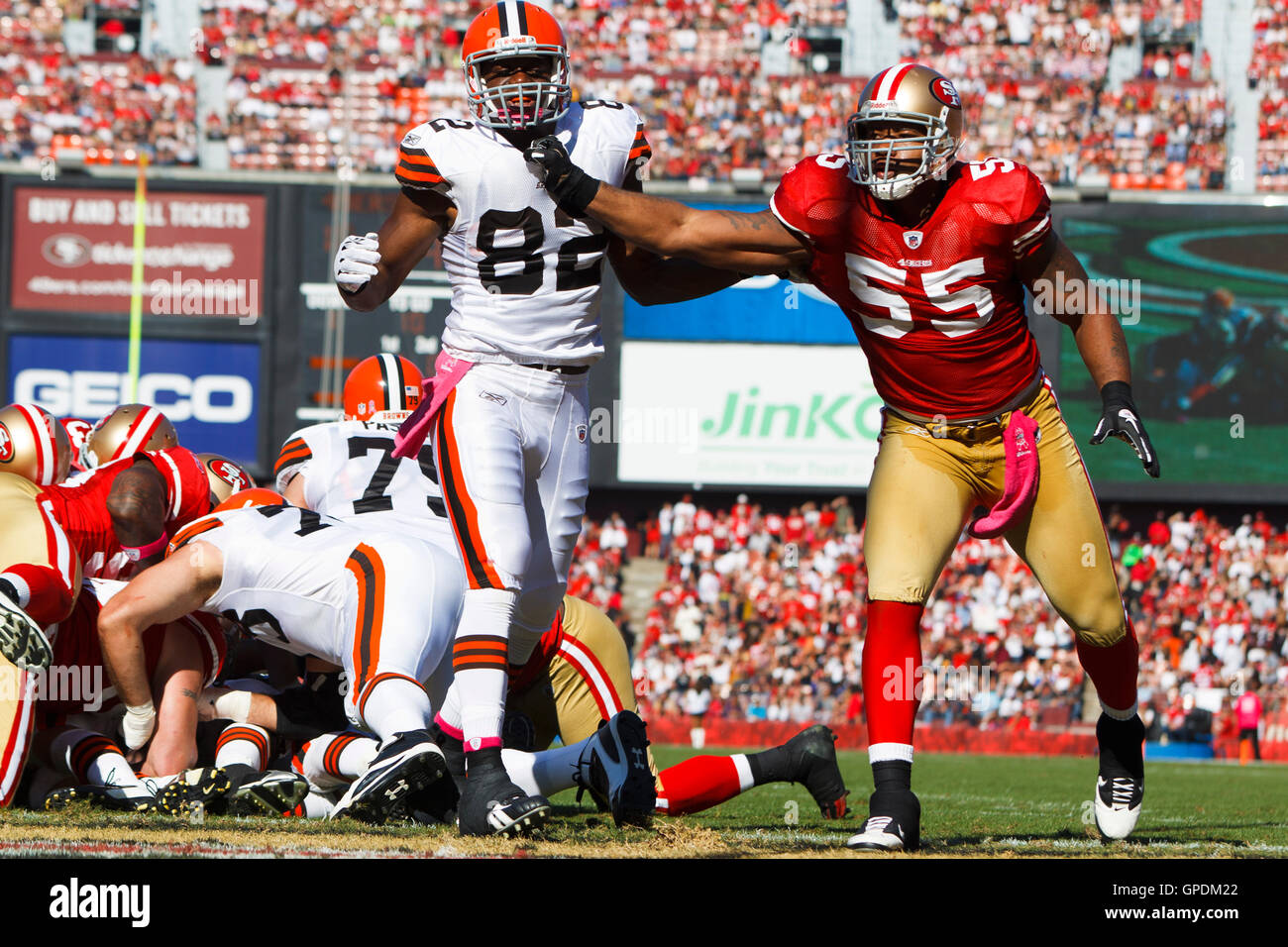 The San Francisco Forty Niners' Patrick Willis and NaVarro Bowman celebrate  a 36-32 victory against the New Orleans Saints in an NFC Divisional playoff  game at Candlestick Park in San Francisco, California