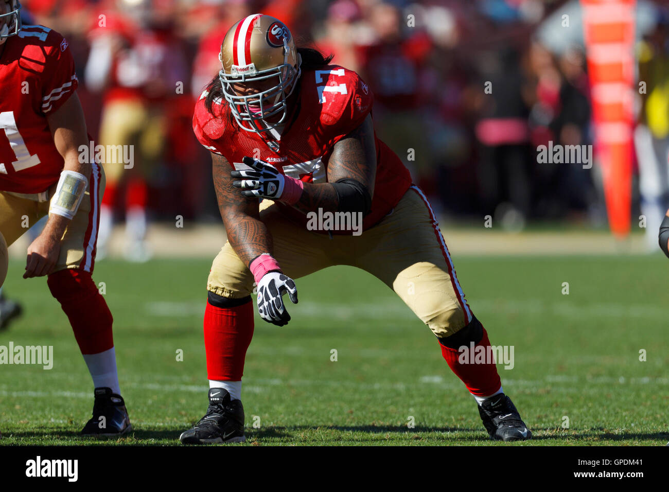 Oct 30, 2011; San Francisco, CA, USA; San Francisco 49ers offensive guard Mike Iupati (77) lines up for a play against the Cleveland Browns during the second quarter at Candlestick Park. San Francisco defeated Cleveland 20-10. Stock Photo