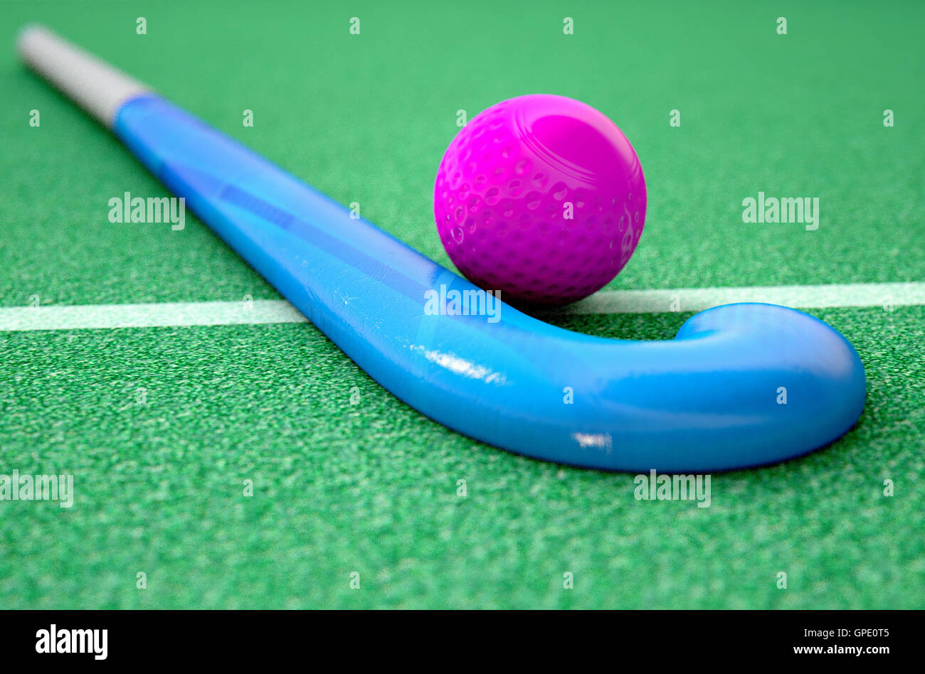 A 3d Rendering Of A Hockey Stick And Ball On Green Astro Turf In
