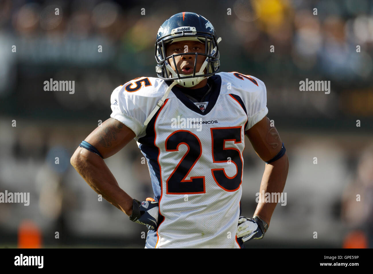 Nov 6, 2011; Oakland, CA, USA; Denver Broncos cornerback Chris Harris (25) before a play against the Oakland Raiders during the second quarter at O.co Coliseum. Denver defeated Oakland 38-24. Stock Photo