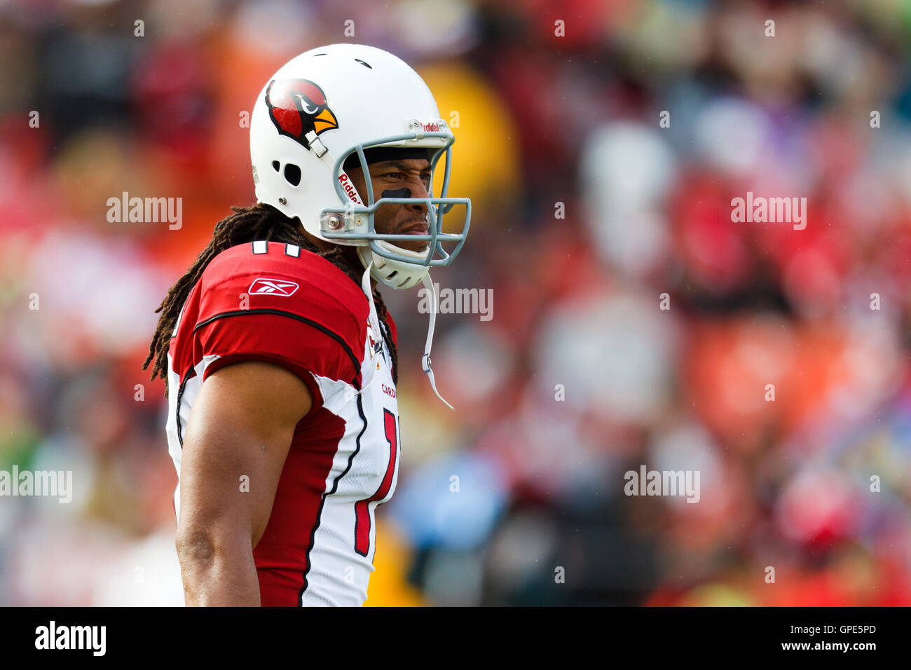 Nov 20, 2011; San Francisco, CA, USA; Arizona Cardinals wide receiver Larry Fitzgerald (11) before a play against the San Francisco 49ers during the first quarter at Candlestick Park. San Francisco defeated Arizona 23-7. Stock Photo