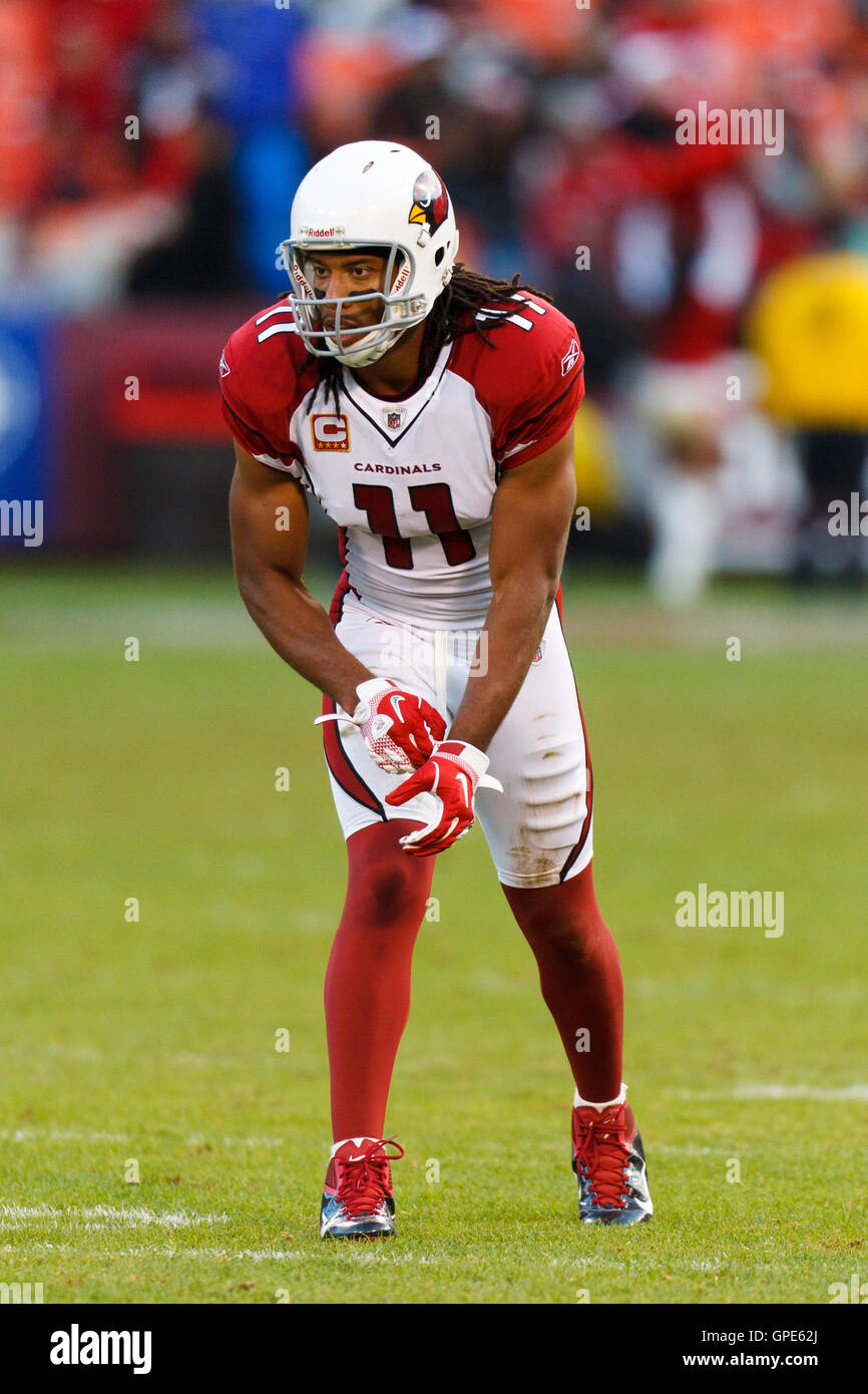 Nov 20, 2011; San Francisco, CA, USA; Arizona Cardinals wide receiver Larry Fitzgerald (11) lines up for a play against the San Francisco 49ers during the fourth quarter at Candlestick Park. San Francisco defeated Arizona 23-7. Stock Photo