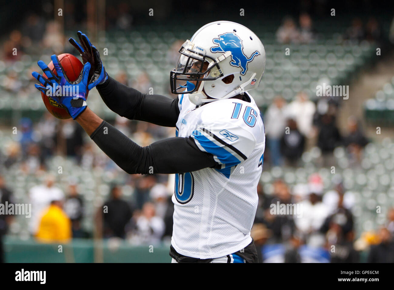 Dec 18, 2011; Oakland, CA, USA; Detroit Lions wide receiver Titus Young (16) warms up before the game against the Oakland Raiders at O.co Coliseum. Detroit defeated Oakland 28-27. Stock Photo