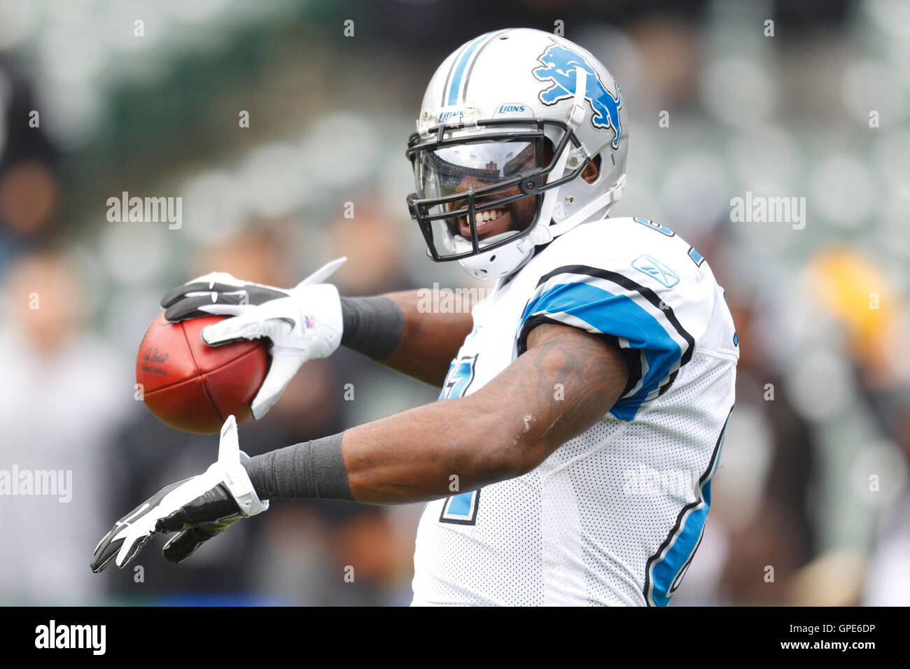 Oct. 30, 2011 - Denver, Colorado, U.S - A Detroit Lions fan wearing a CALVIN  JOHNSON jersey reacts to being on the big screen after Johnson scores a TD  against the Denver