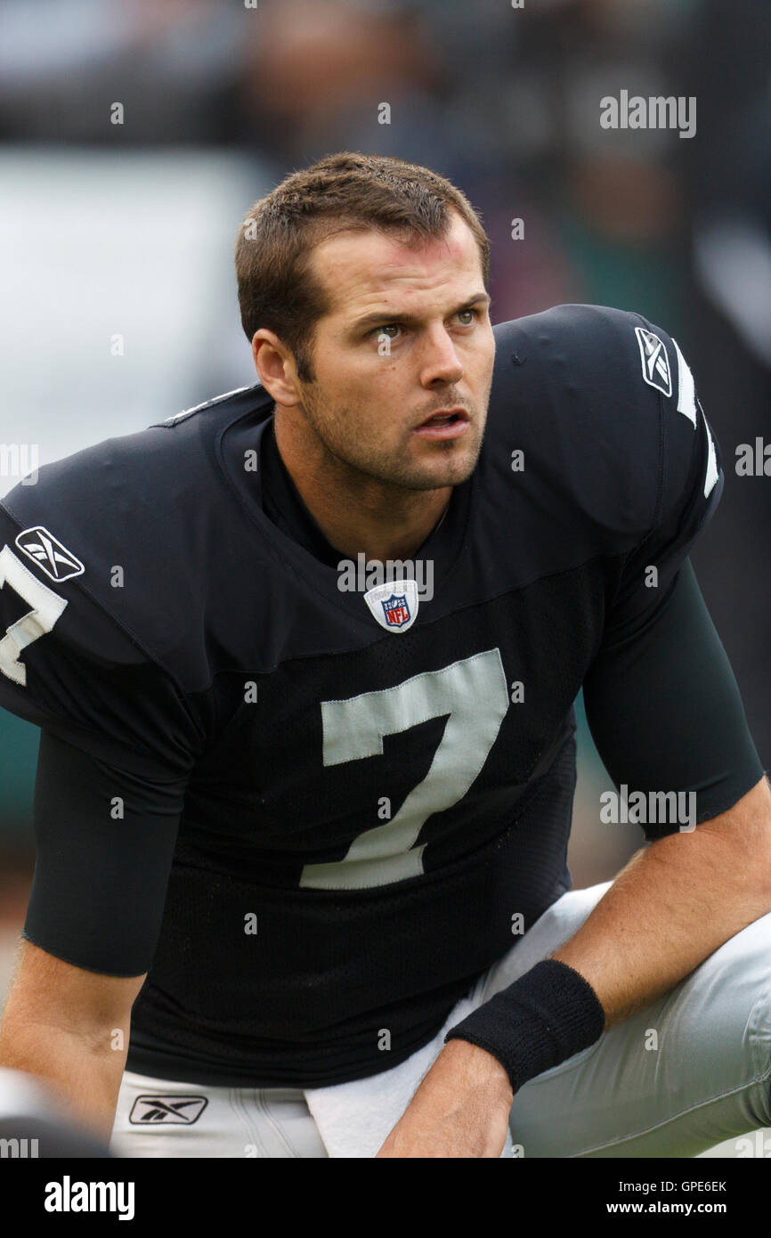Dec 18, 2011; Oakland, CA, USA; Oakland Raiders quarterback Kyle Boller (7) warms up before the game against the Detroit Lions at O.co Coliseum. Detroit defeated Oakland 28-27. Stock Photo