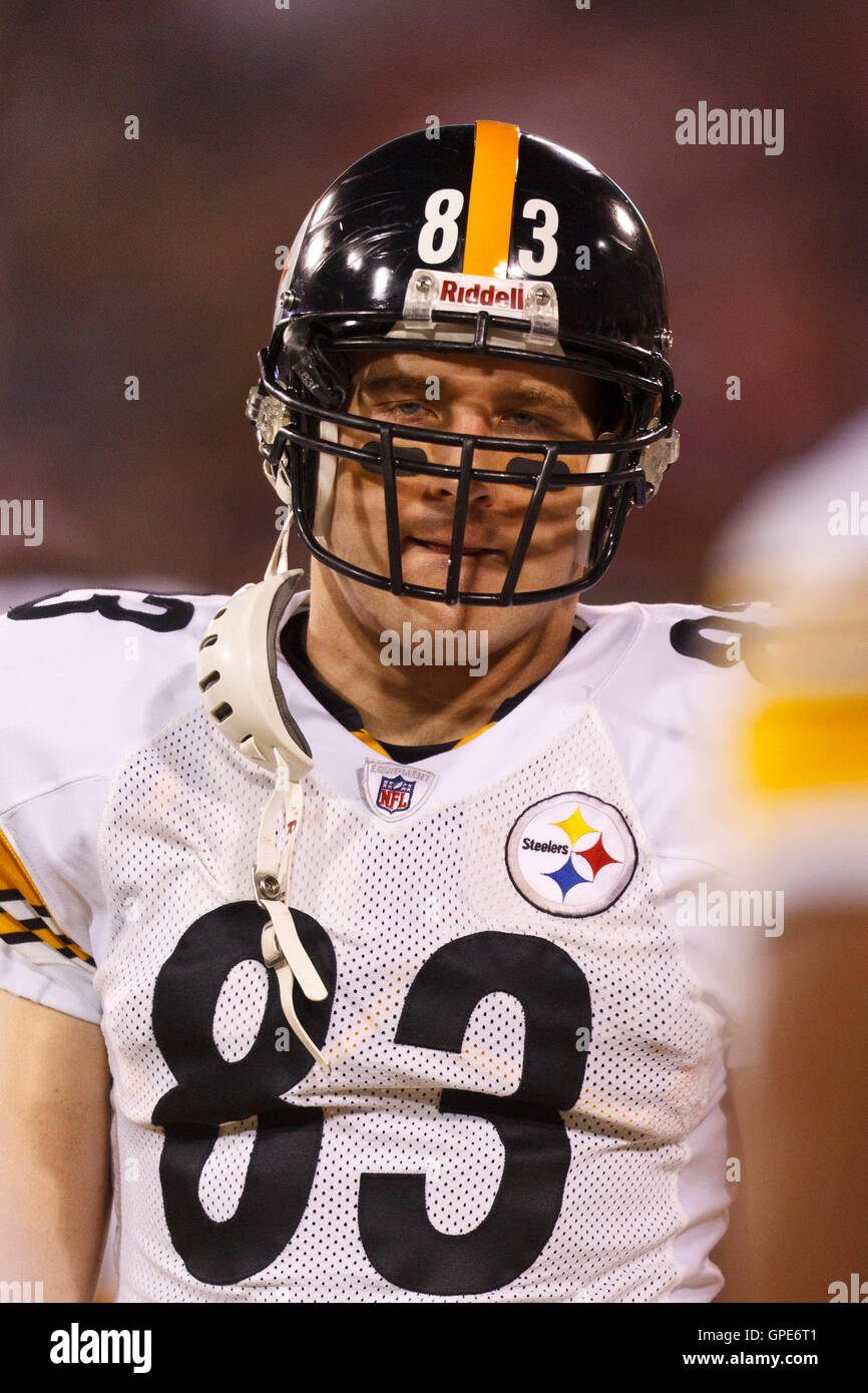 Dec 19, 2011; San Francisco, CA, USA; Pittsburgh Steelers tight end Heath Miller (83) on the sidelines before the game against the San Francisco 49ers at Candlestick Park. San Francisco defeated Pittsburgh 20-3. Stock Photo
