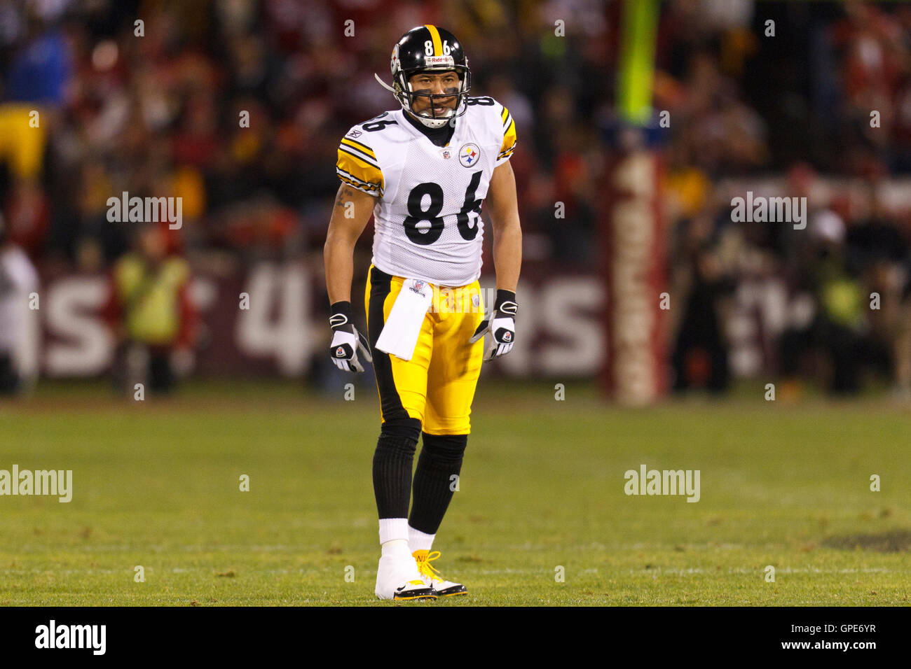 Dec 19, 2011; San Francisco, CA, USA; Pittsburgh Steelers wide receiver Hines Ward (86) lines up for a play against the San Francisco 49ers during the second quarter at Candlestick Park. San Francisco defeated Pittsburgh 20-3. Stock Photo