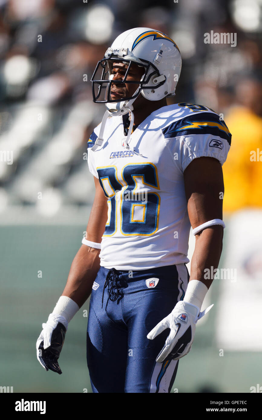 Jan 1, 2012; Oakland, CA, USA; San Diego Chargers wide receiver Vincent Brown (86) warms up before the game against the Oakland Raiders at O.co Coliseum. San Diego defeated Oakland 38-26. Stock Photo
